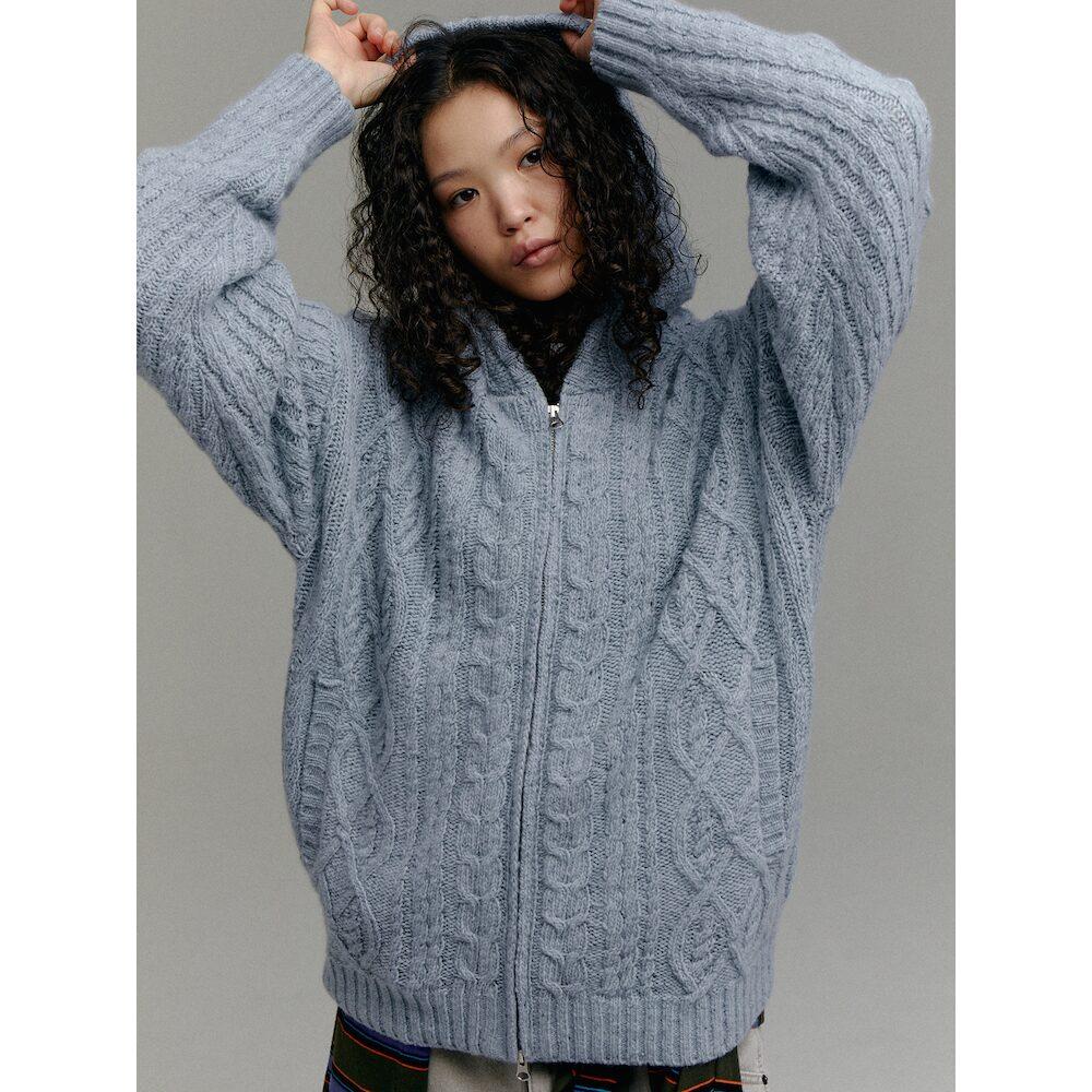 Sand Sound (Unisex) Wool Blend Cable Knit Zip-Up Hoodie Sky Blue