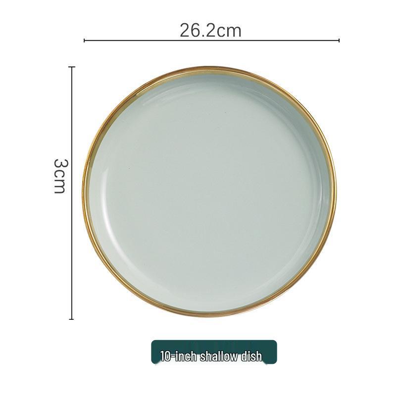 Set de Veselă Ceramică Nordică de Lux cu Margine Aurie: Farfurii, Boluri și Linguri.