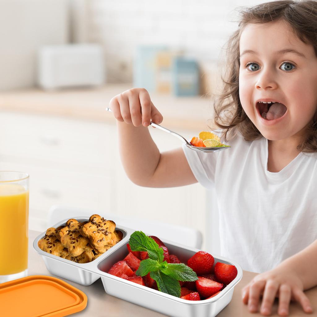 Snack Box with 2/3 Compartment Stainless Steel Meal Plate Children Food Box with Lid Divided Snack Container for Sweet Spice Nut