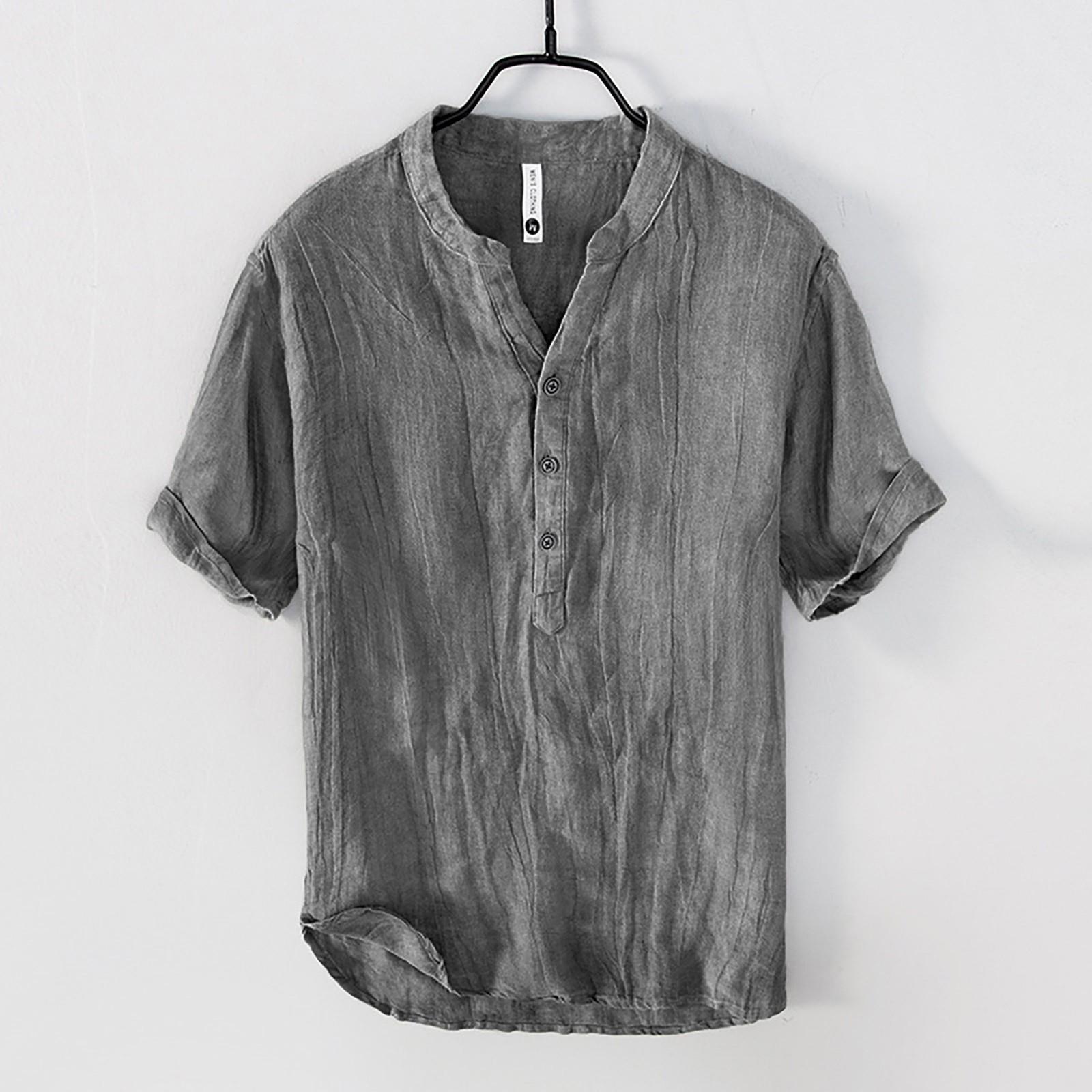 

Мужская повседневная рубашка-пуловер с воротником-стойкой, тонкая футболка из хлопка и льна в стиле ретро M