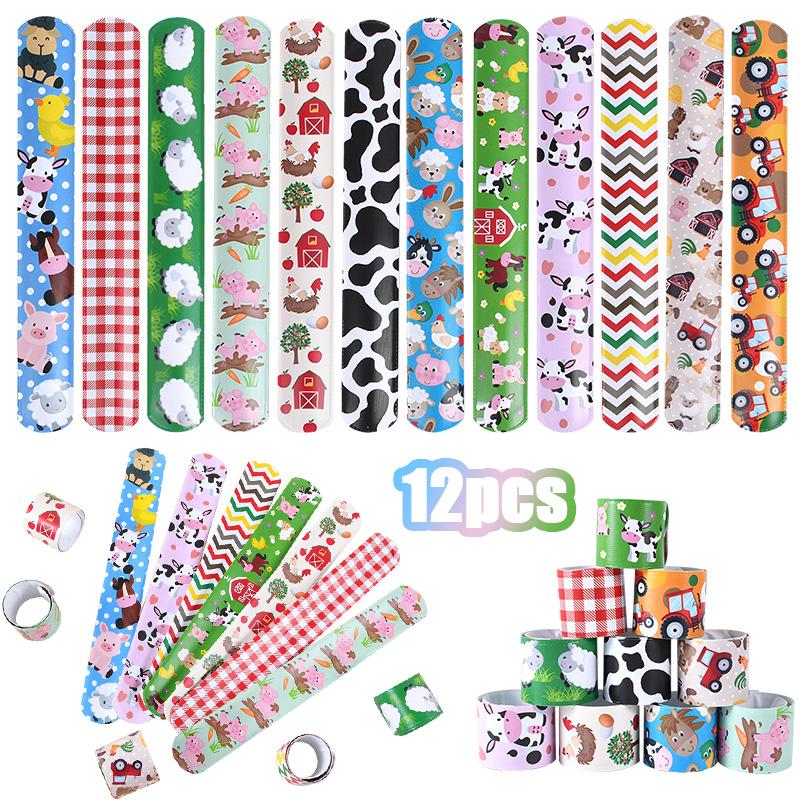 12Pcs Cartoon Farm Animals Slap Bracelets Kids Farm Theme Birthday Party Favors Gifts for Guest Goodie Bag Filler Toys Supplies