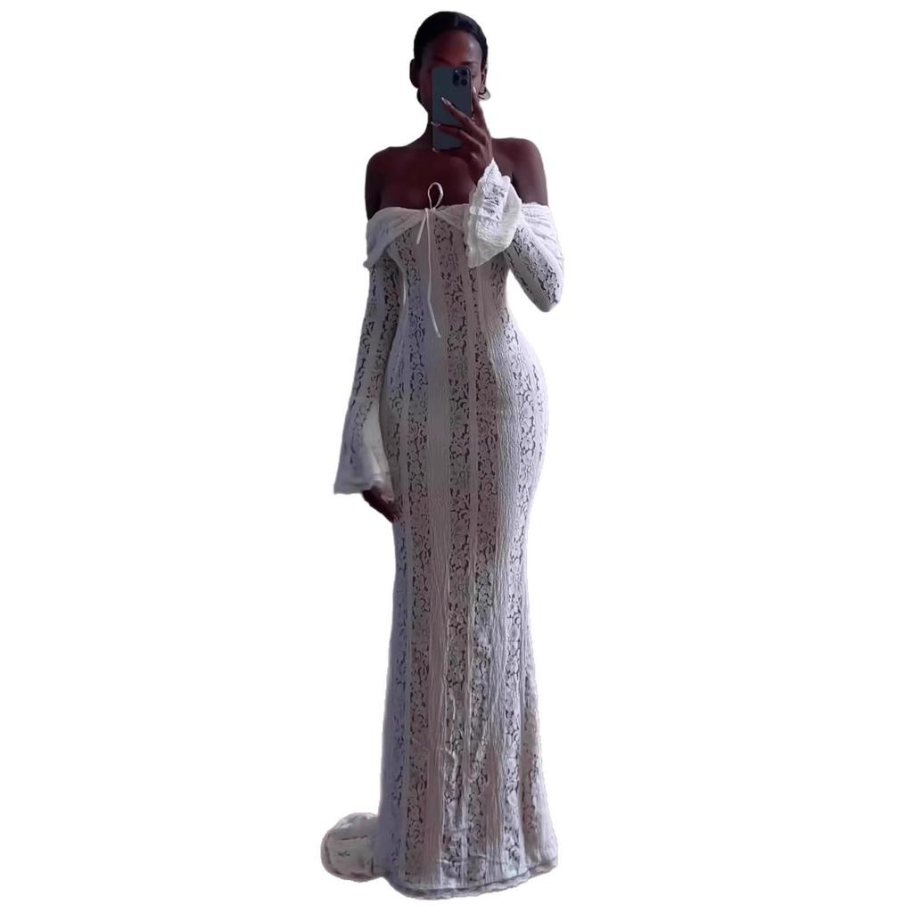 Elegant Fairy-Style One-Shoulder Lace Dress, French-Inspired Strapless Waist-Cinching Long Gown for Women