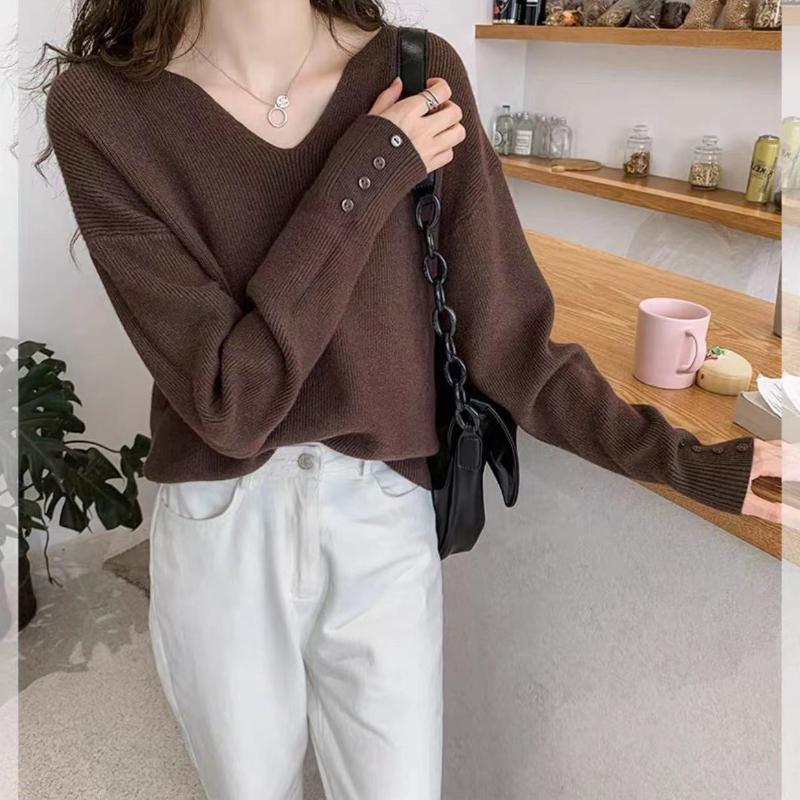 Women Autumn Korean Basic Casual Sweater V-Neck Long Sleeve Knitted Sweaters Solid Jumper Bottoming Pullovers Top
