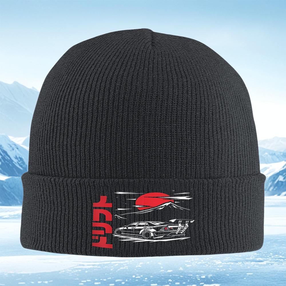 Car drifting sunset mountain design Men Women Unisex Knitted Hat Beanie Pullover Cap Winter Thermal Warm Christmas Outdoor Cycli