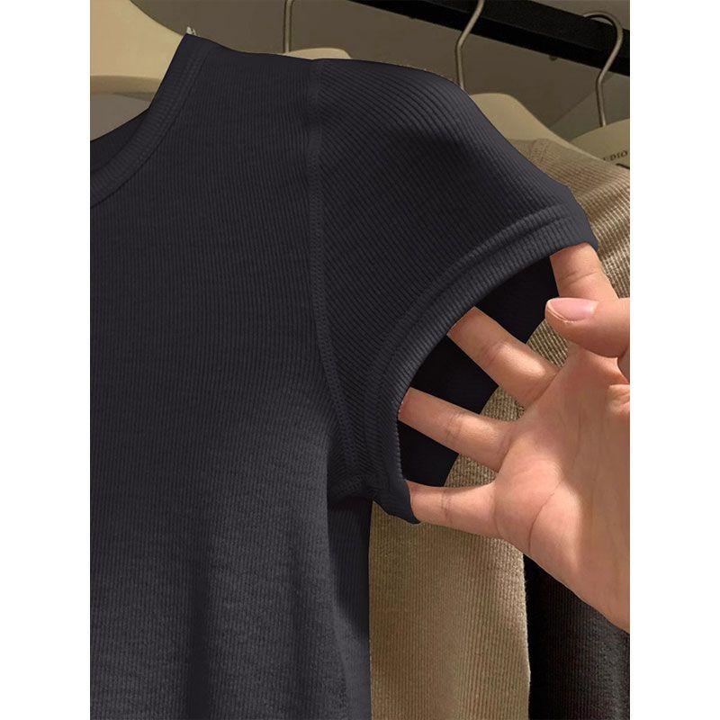 Unique Summer Short Sleeve Cotton T Shirt Women Slim Fit Solid Color Cropped Top Stylish Design