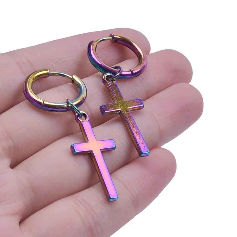 Fashion Cross Charm Earrings Rainbow Color Stainless Steel Round Hoops Religious Jewelry Ear Piercing Earring For Women Men Gift