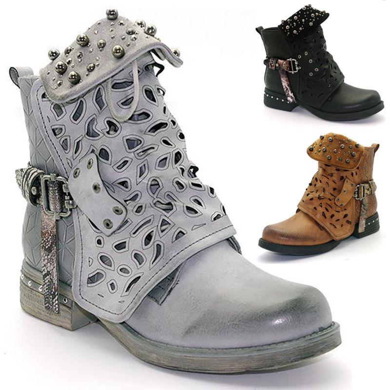 Womens Studded Goth Ankle Boots Timeless Chelsea Hollow Punk Buckle Martin Shoes