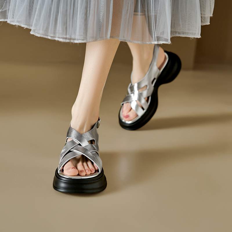 Krazing Pot Sheepskin Peep Toe Thick High Heels Summer Shoes Buckle Straps Platform Weaving Style Women Sandals