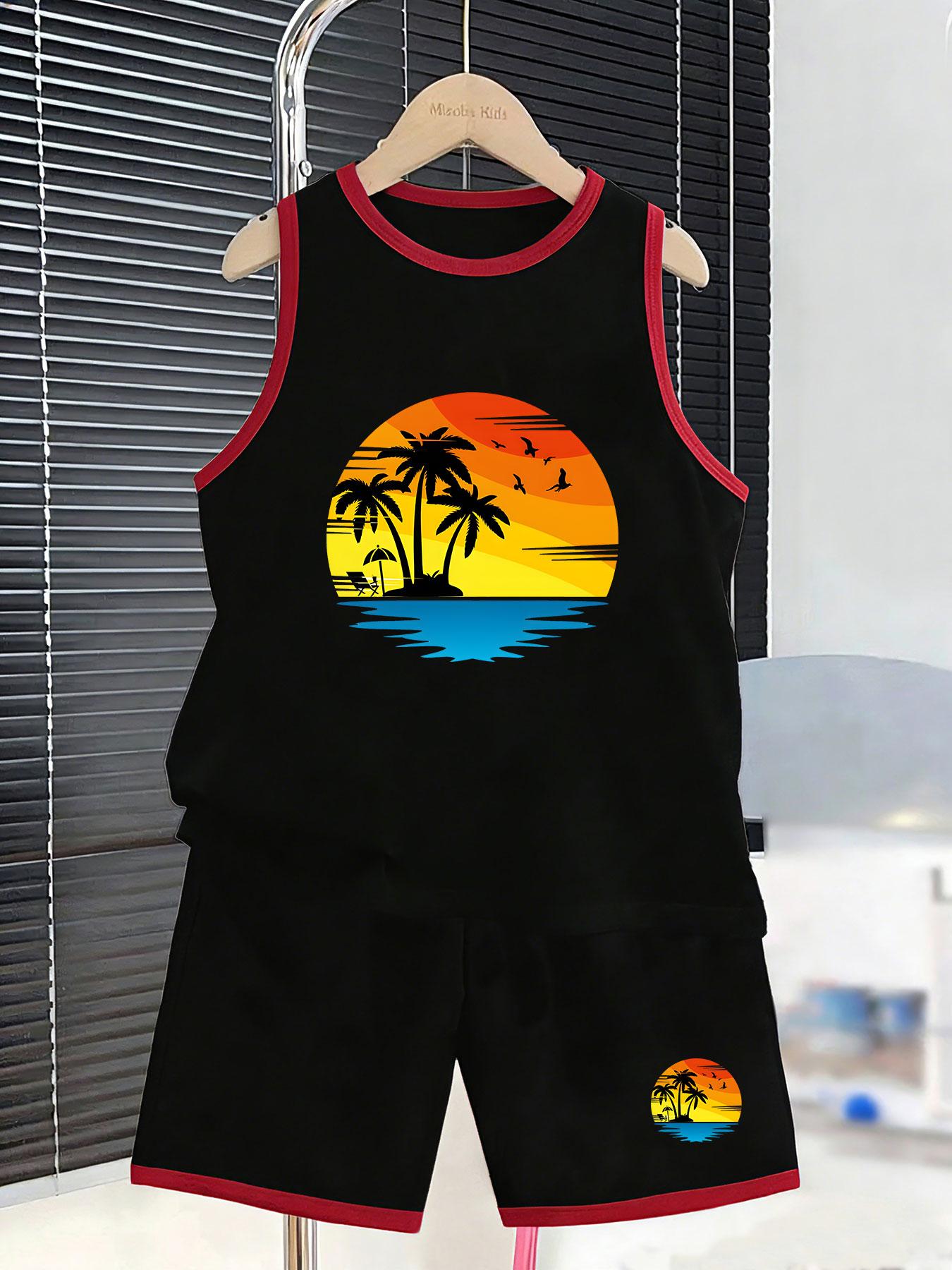 

Boys’ island sunset set. Summer vibe prints, breathable fabric, loose fit for stylish daily wear. 7Y чорний