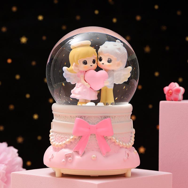 Cartoon Couple Crystal Ball Resin Snow Globe Music Box Toy