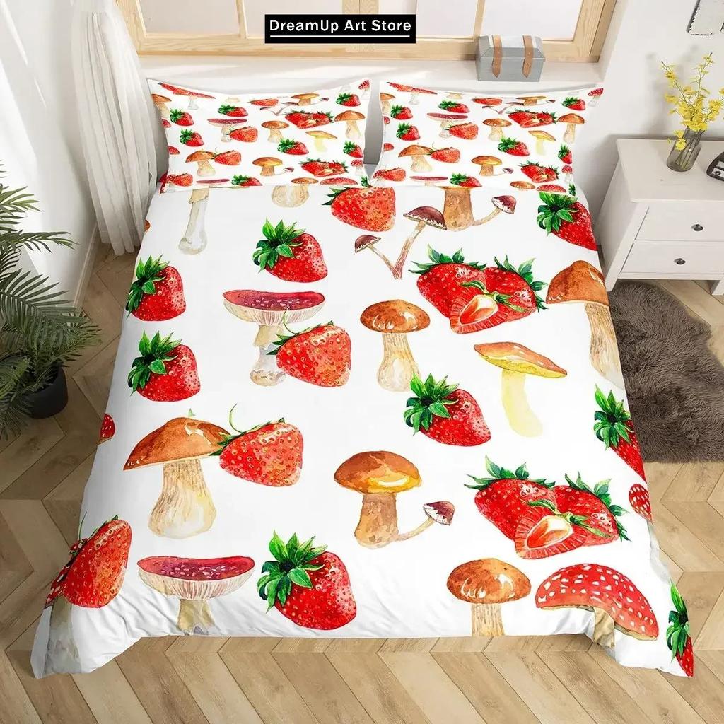 3D Print Fashion Red Mushroom Kawaii Bedding Set Boys Girls Twin Queen Full Size Duvet Cover Pillowcase Bed Adult Bedroom