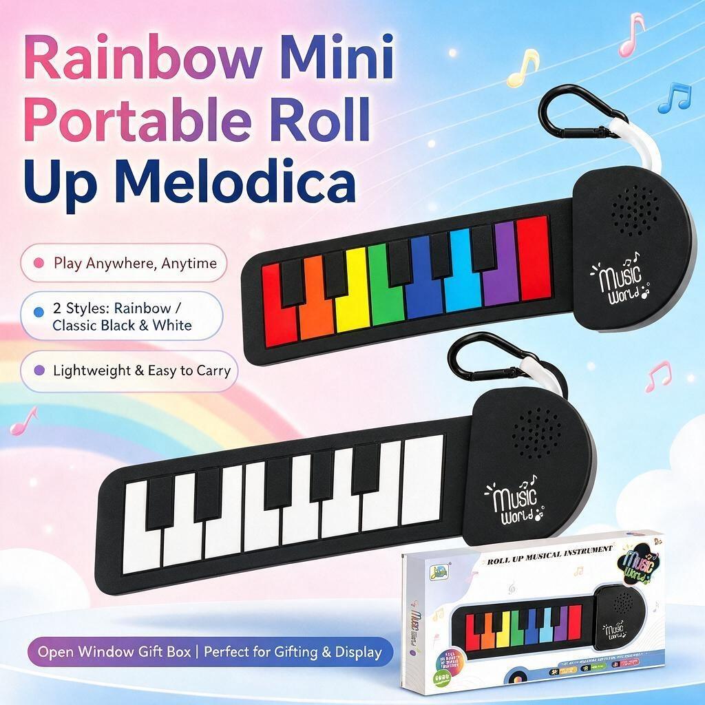 Rainbow Mini Guitar Hand Roll Instrument, Foldable Silicone Hand Drum Piano Electronic Keychain Pendant