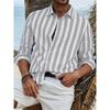 Herre Fritids Skjorte i Bomull og Lin med Striper og Lange Ermer