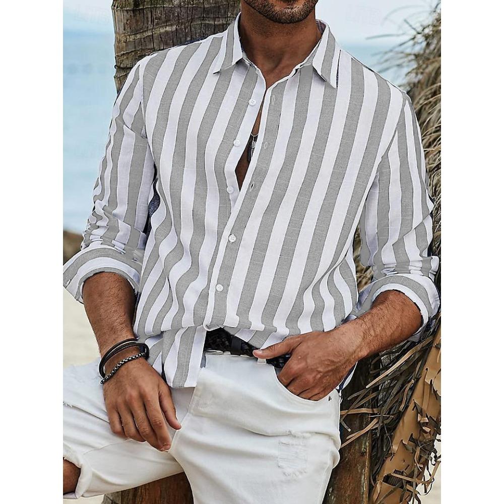 Herre Fritids Skjorte i Bomull og Lin med Striper og Lange Ermer
