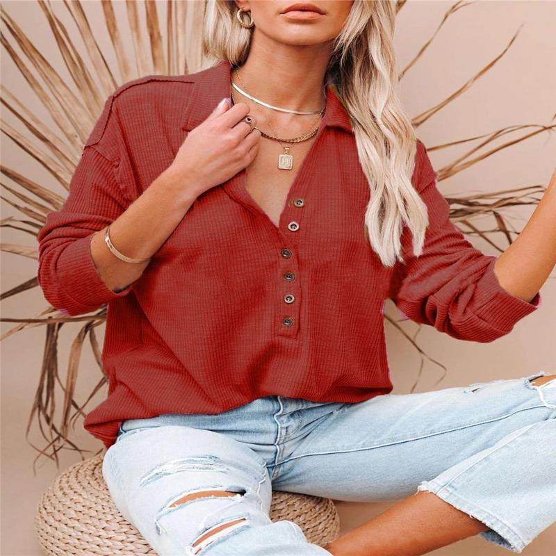 JPNTKY Women's Fashion Casual Solid Color Print Long Sleeve POLO Neck Blouses & Shirts