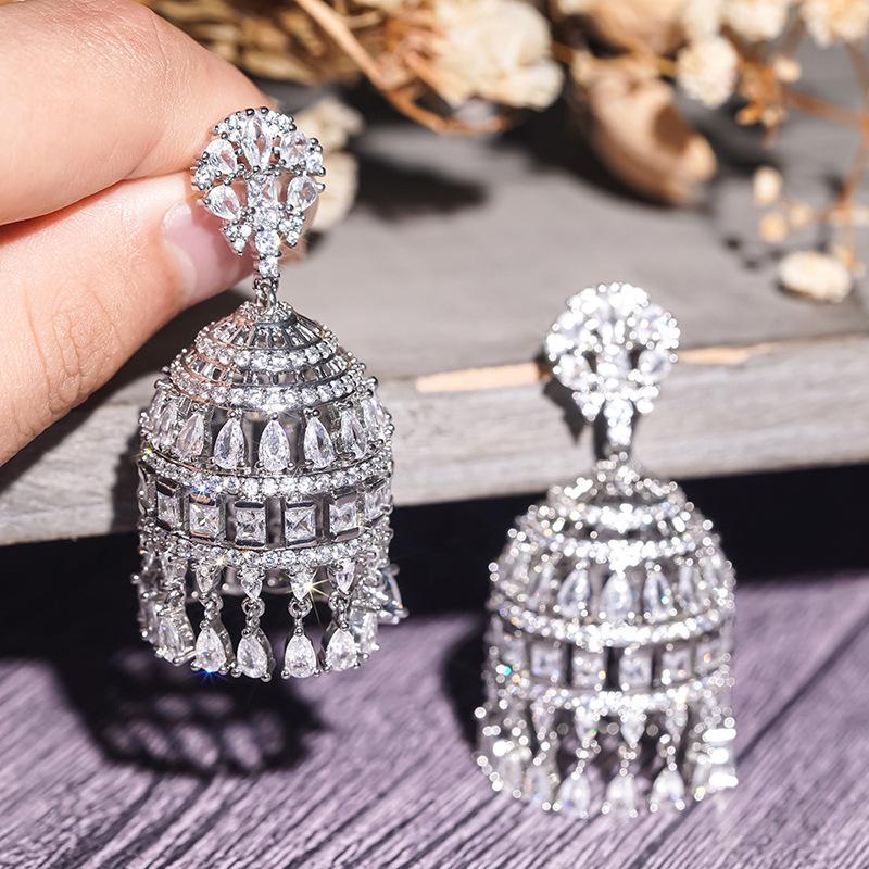 Multi-Tier Hollow Bell Shaped Jhumka Earrings Mixed Marquise & Square Cubic Zirconia Vintage Ethnic Banquet Ladies Accessories