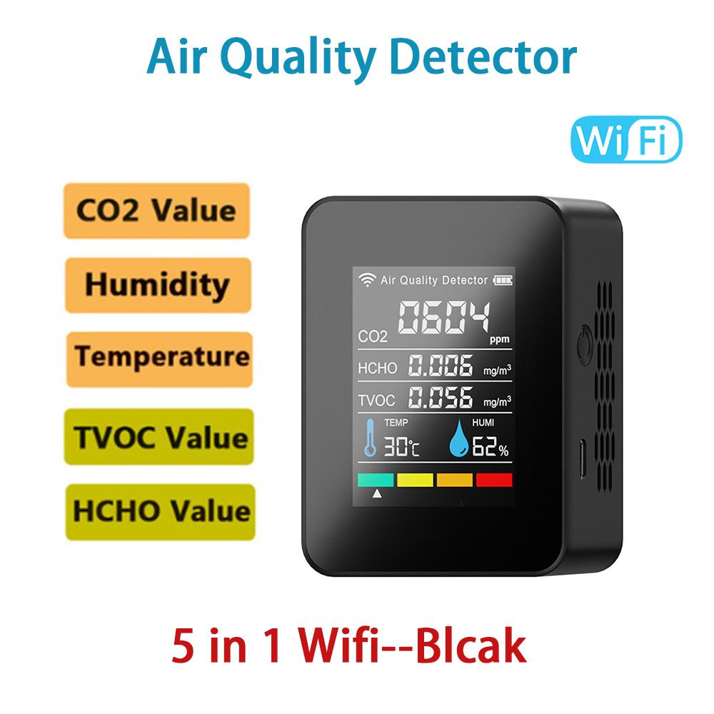 5 in 1 Air Quality Monitor CO2 Meter Carbon Dioxide Detector Formaldehyde TVOC HCHO Temperature Humidity Detection Smart Home