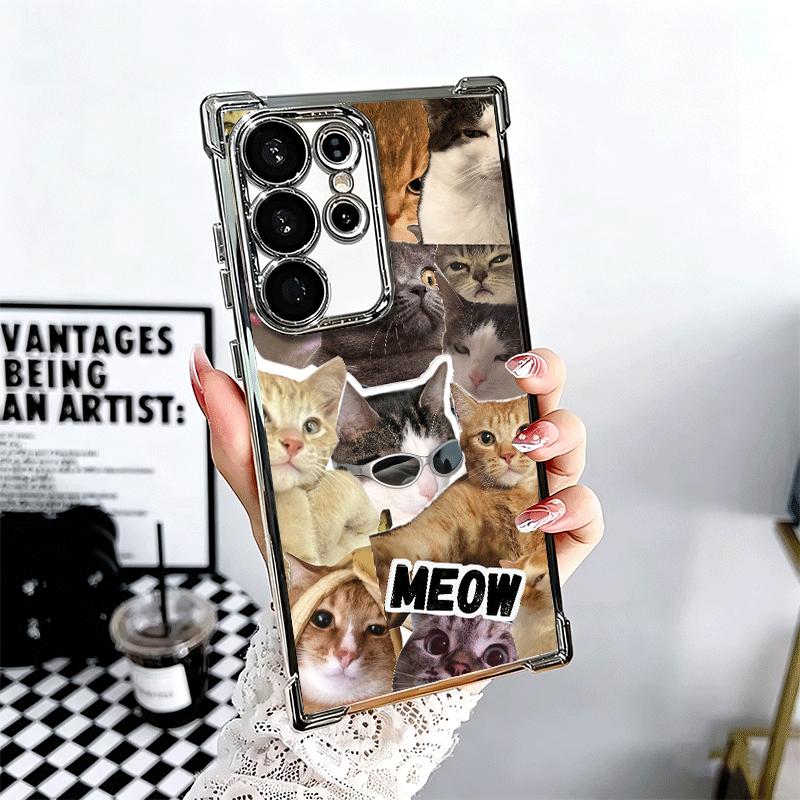 Crying Cats Combine Memes Plating Phone Case For Samsung Galaxy S24 S25 FE S26 Edge S23 Ultra S22 S21 Plus S20 Anti-Fall Airabag