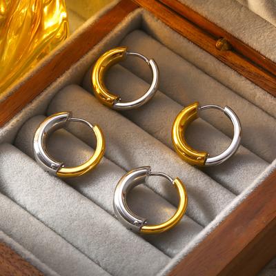 Trends Two-Color Splicing Circle Earrings Simple And Cold Titanium Steel Plated 18K Real Gold Premium Versatile Earrings