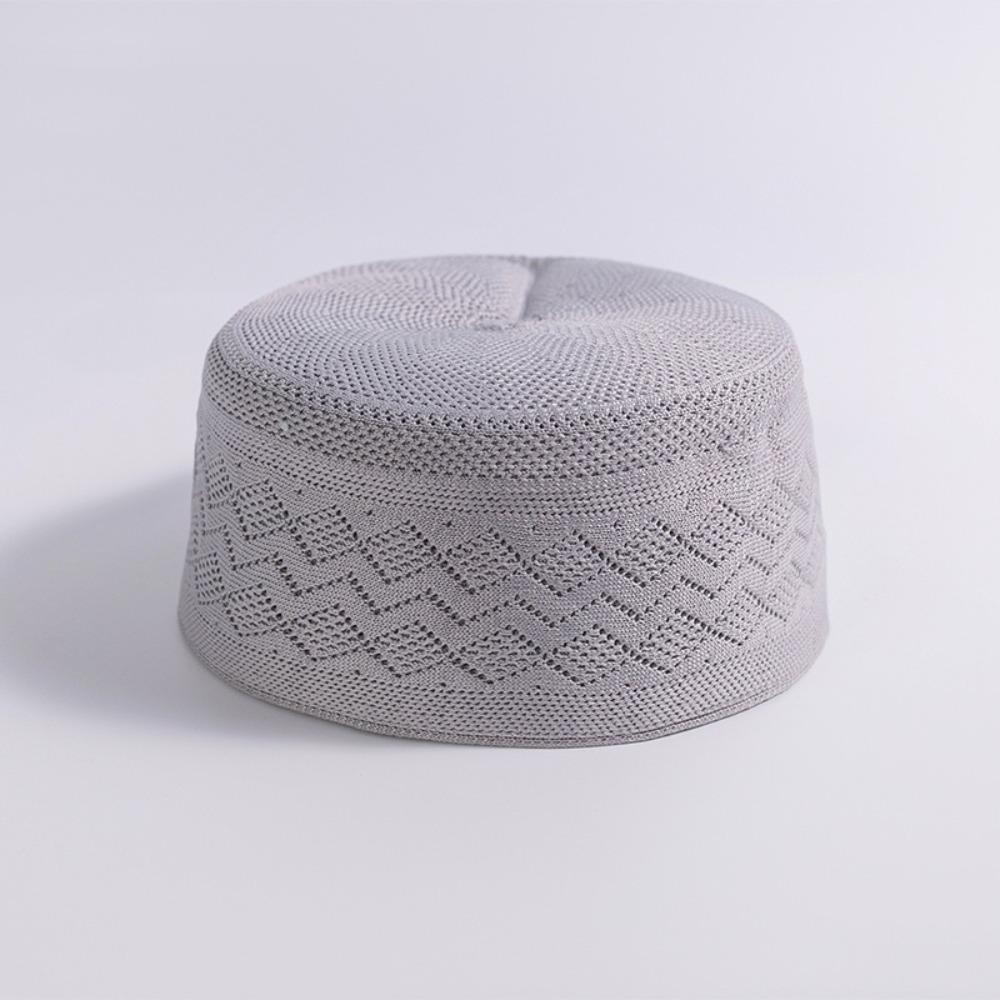 

New Crochet Knit Ethnic Hat Cotton Mesh Flat Top Breathable Thin Summer Hat Men L сірий