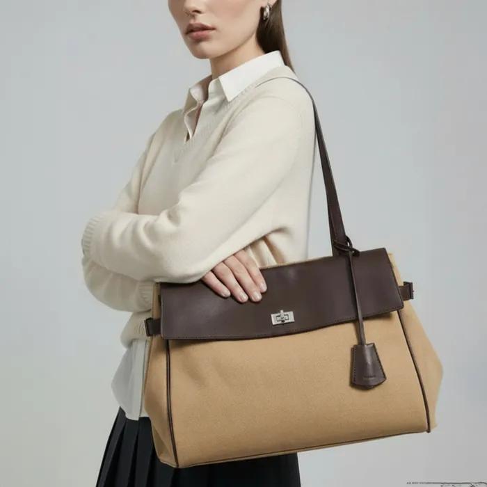 Aura Commute Brown Canvas Leather Combination Shoulder Bag L HIBA6E159I2