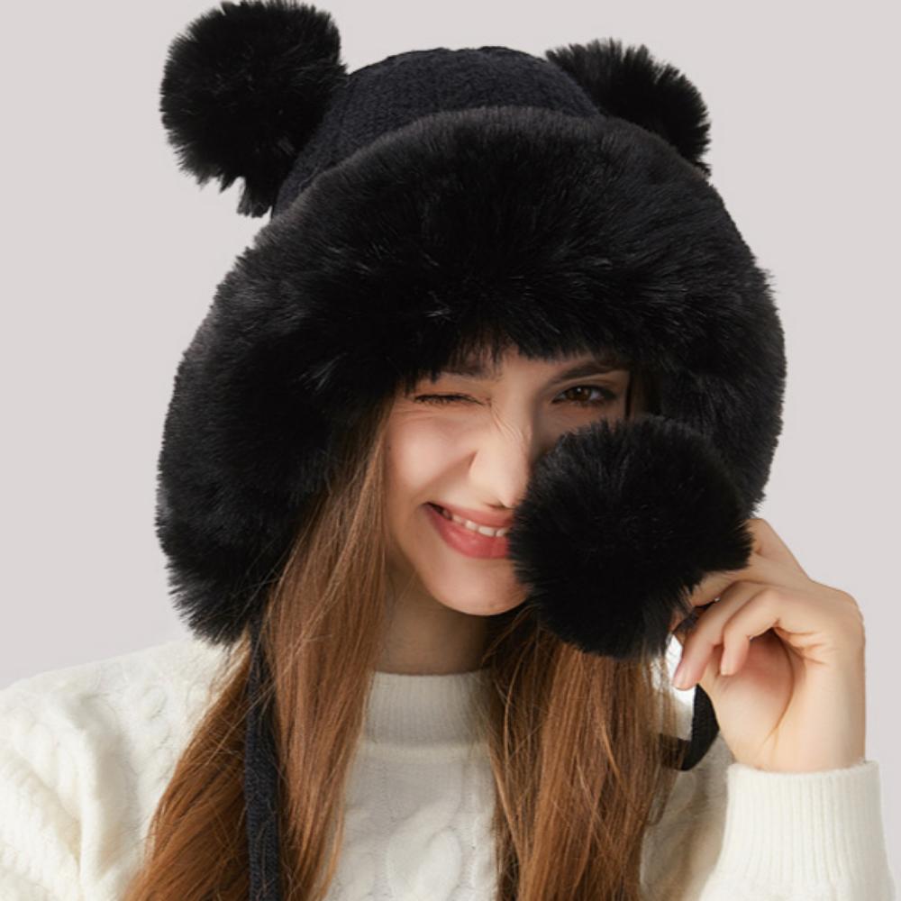 Palarie tricotata cu guler de blana gros si bile de blana rasucita Palarie tricotata pentru femei Palarie din lana de iarna in aer liber