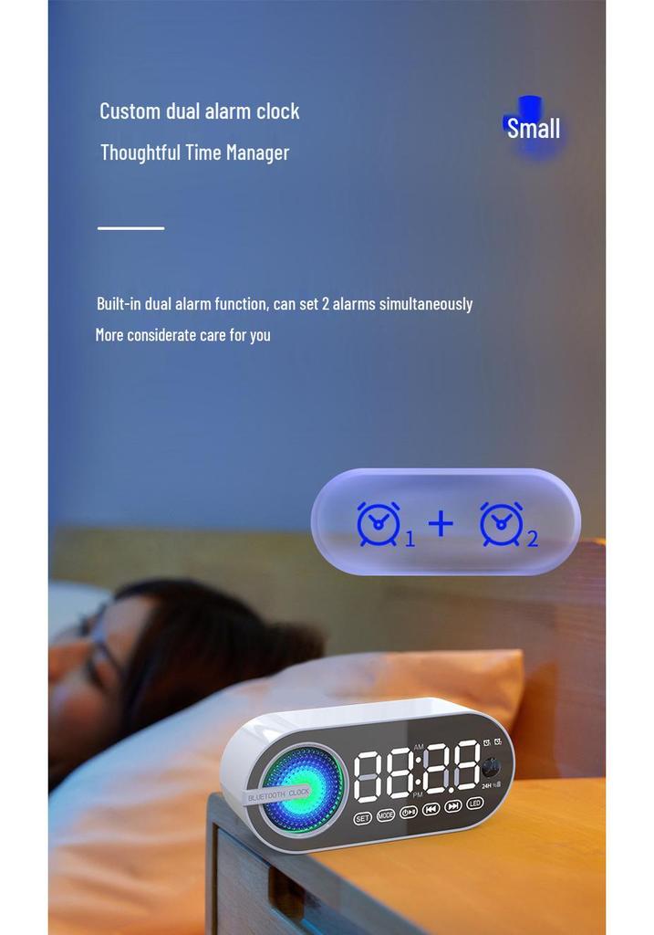 Mini Mirror Alarm Clock Bluetooth Speaker with TF Slot, Colorful Lights, Heavy Bass, FM, Portable Gift Speaker.