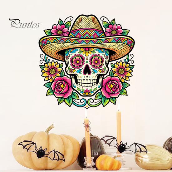 Durable Sunproof Window Stickers Flower Skull Wall Sticker, Day of The Dead Decorative Decals, Waterproof PVC Removable for Windows Glass Doors