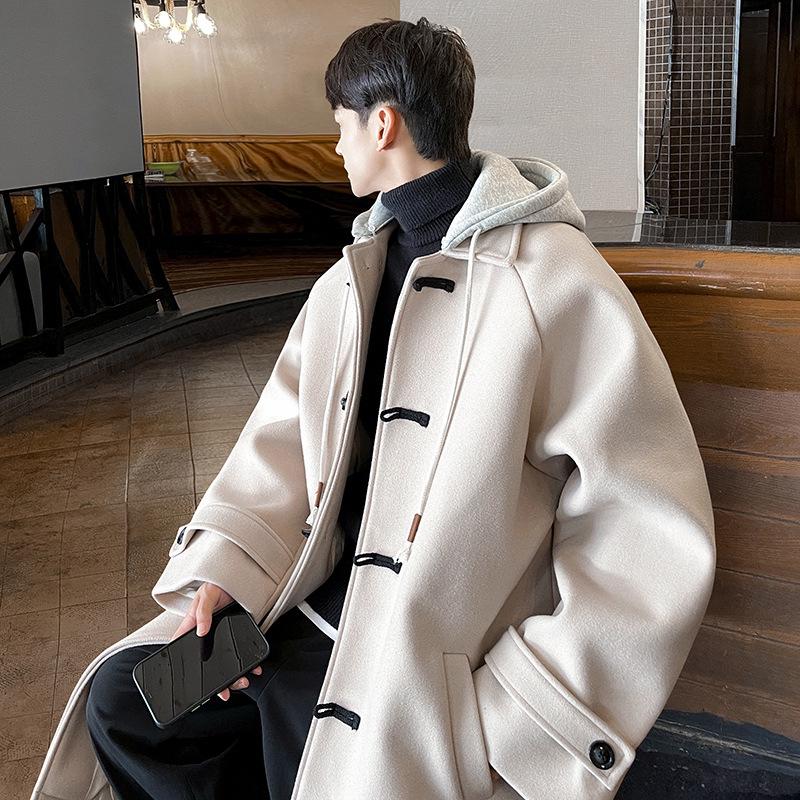 

Men s Trendy Mid-Length Wool Coat with Detachable Hood and Horn Buttons for Autumn and Winter L (110~130 lbs)