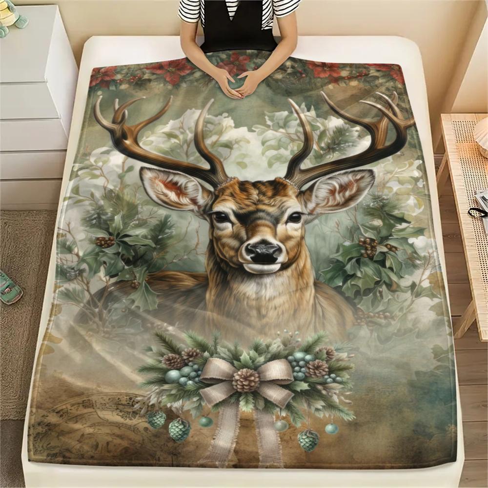 1Pc Deer in Forest Print Flannel Blanket, High quality Comfortable for All Seasons, Home Decor, Warmth and Comfort, Perfect for Gifts