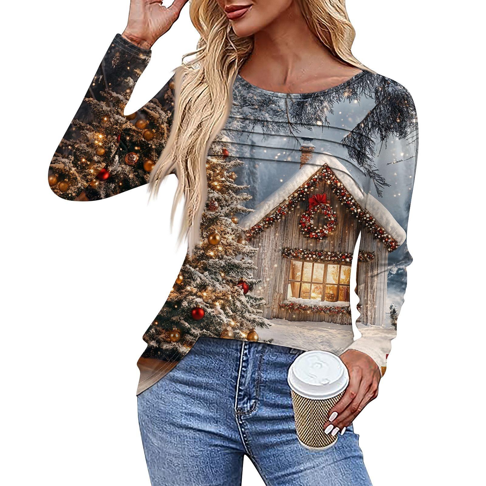 

Женская повседневная модная футболка с круглым вырезом и длинными складками на Рождество XL