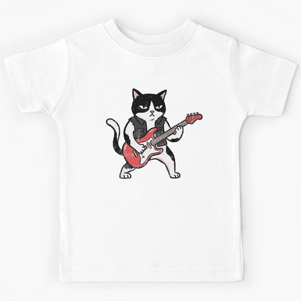 Funny Rock Cat Playing Bass Guitar Animal Musician Kids T-Shirt 120