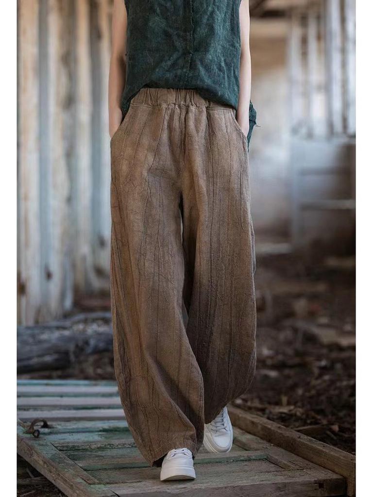 Women's 2025 Distressed Cotton Linen Lantern Pants - Casual, Versatile, Literary Style for Travel