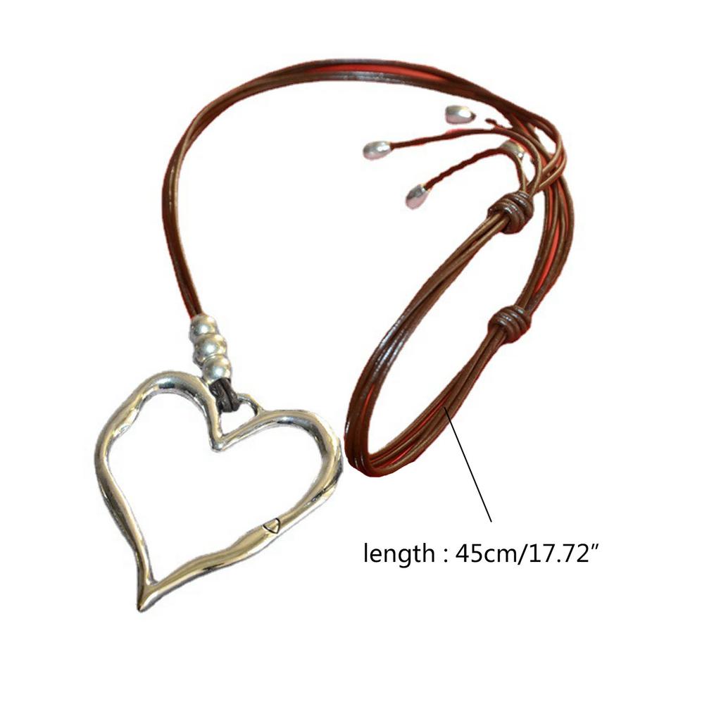 Leather Necklace Fashion Abstract Hollow Heart Charm Rope Valentines Day Gift