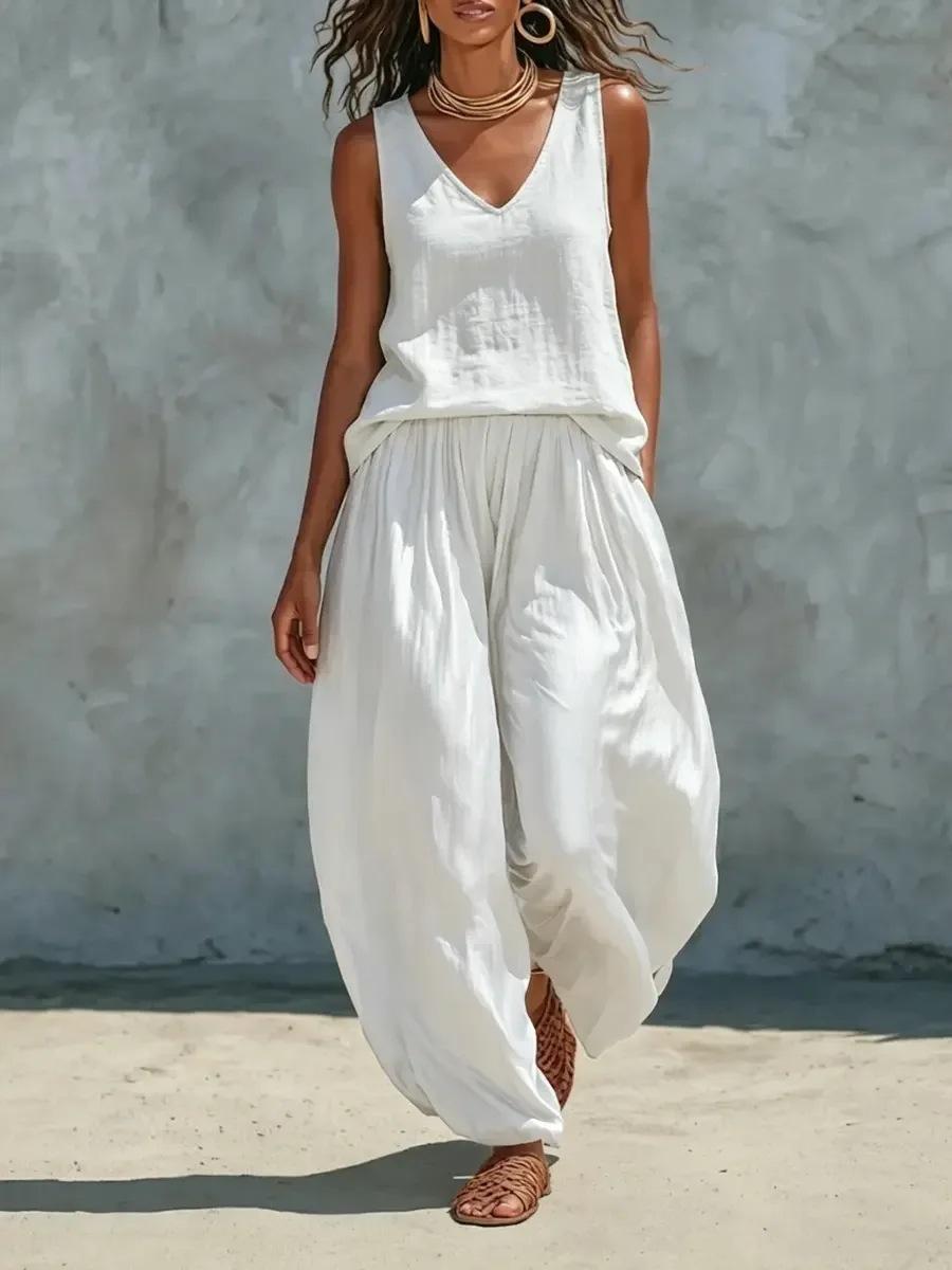 

Women s Casual V-neck Sleeveless Top and Wide Leg Pants Set Summer Loungewear Two Piece Outfit S белый
