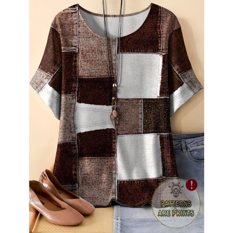 

Большой размер - Женская футболка большого размера с коротким рукавом, круглым вырезом, повседневная, с принтом в стиле пэчворк из искусственного денима, без аксессуаров. S