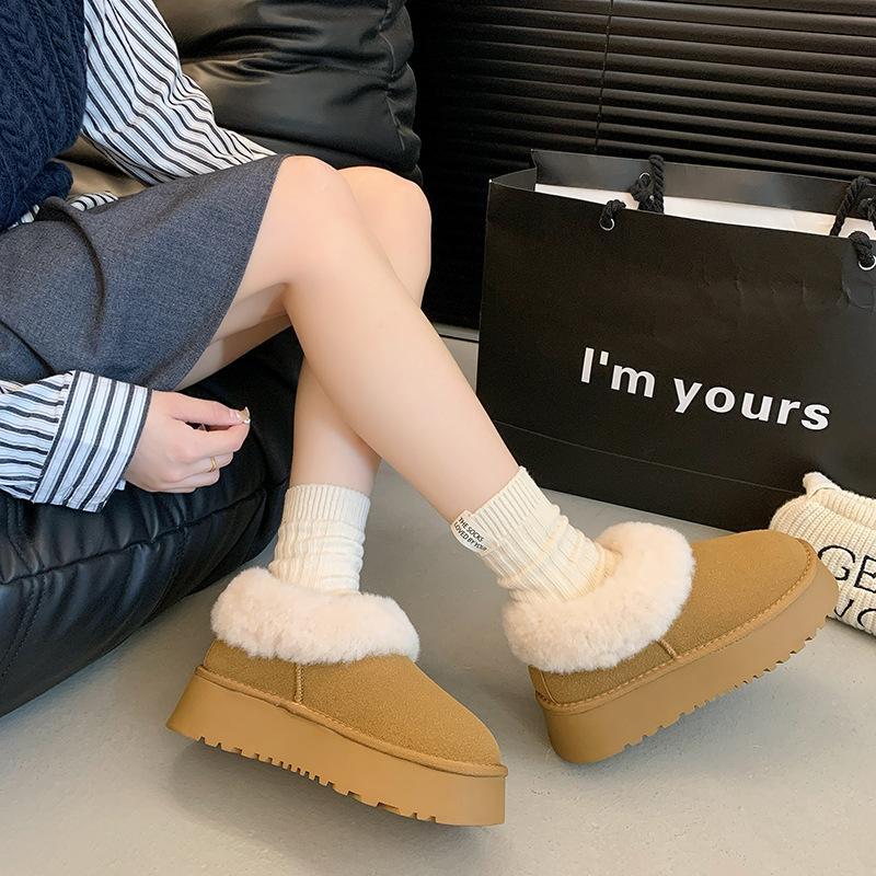 Women's Plush Mouth Large Size Thick Bottom Heightening Winter Warm Fur One Snow Boots Padded Lined Ankle Boots Non-slip Hiking Sneakers Cotton Boots