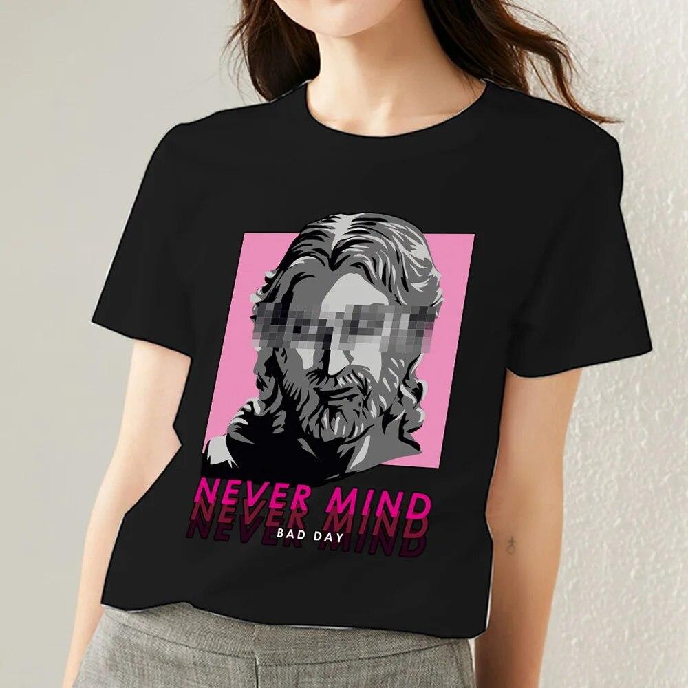 Retro Frauen Kleidung T-shirt Casual Slim Top Einfache Schwarz Pendler Kurzarm Lustige Skulptur Print Damen Mode O-ansatz Top