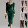 Womens Long Sleeve Velvet Wrap Dress With Pleats High Waist Slim Fit Midi Maxi Street Style
