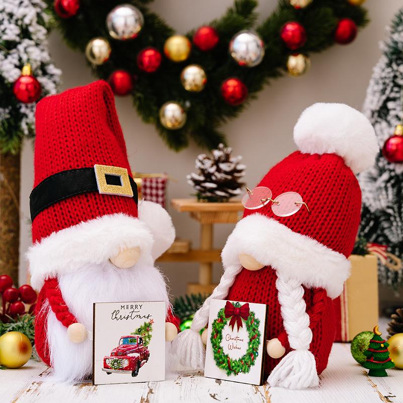 Christmas Pom Pom Knit Hat Gnome with Rudolph Plush Doll Creative Wood Sign Holding Decor for Xmas Tree Home Tabletop Decoration