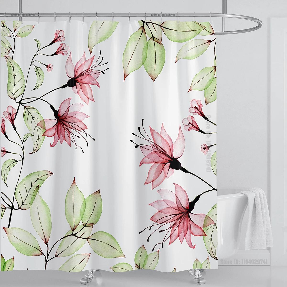 

Watercolor Leaf Shower Curtain Sets Waterproof Plant Floral Shower Curtain Leaves Fabric Cloth Bathroom Curtains With Hooks W60H190(CM)-1 Pcs