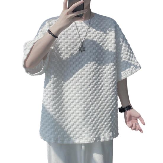 O-Neck Short Sleeve 3D Waffle Men T-shirt Summer Solid Color Simple Tee Shirt Streetwear