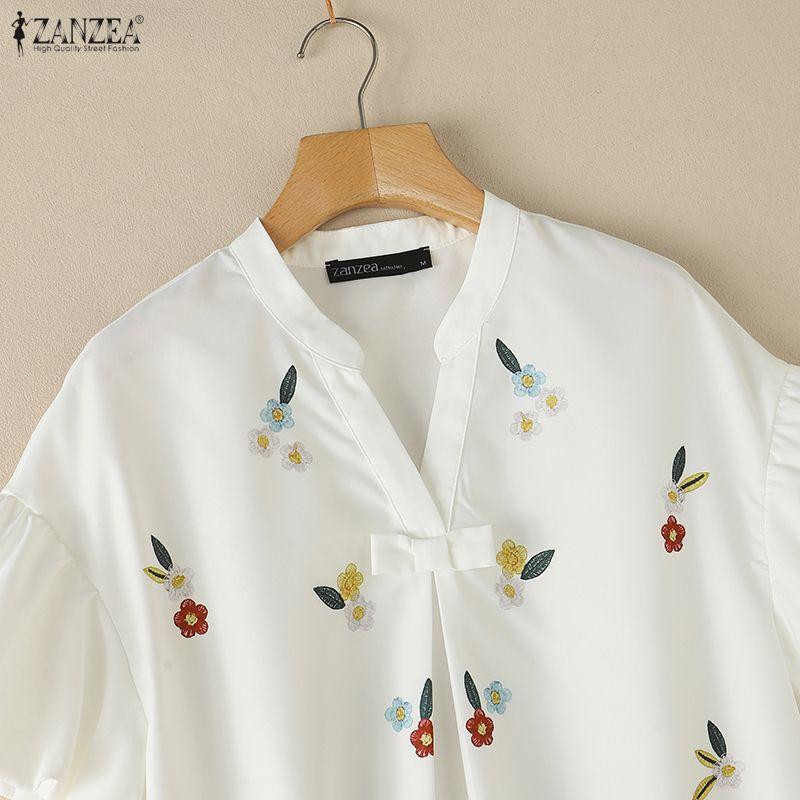 ZANZEA Women Casual V-Neck Loose Floral Print Short Sleeve Blouse