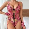 Women’s Sexy Heart Embroidery Shapewear Lingerie Set Thin Strappy Color Block Push-Up Bra & Panty Set