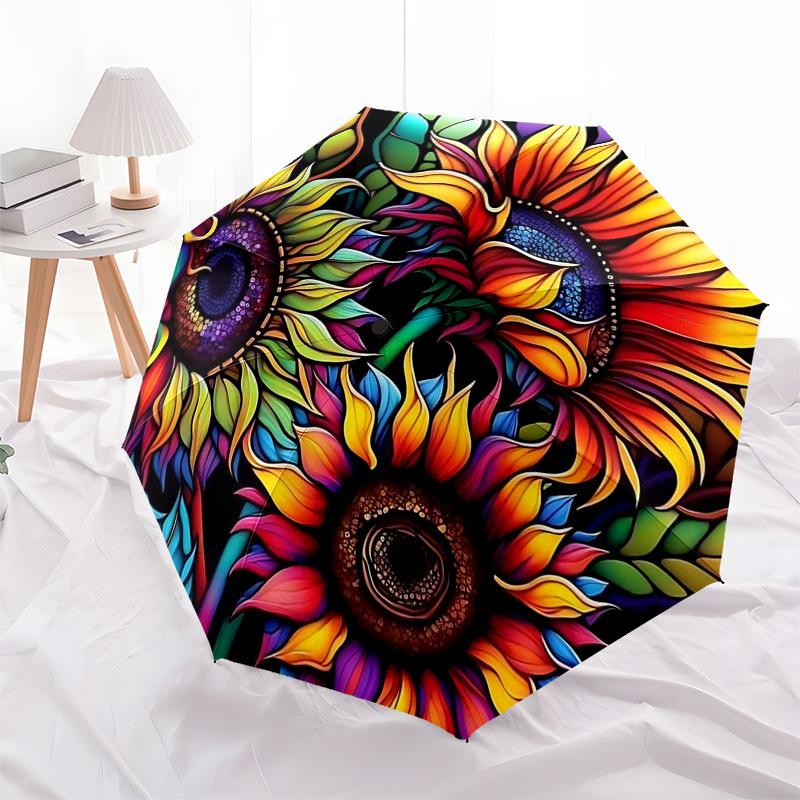 1pc Stained Glass Poinsettia Design Automatic Folding Umbrella, Portable 3-Fold Design with 8-Bone Iron Frame, Outdoor for Fans, Travelers, Daily Use,