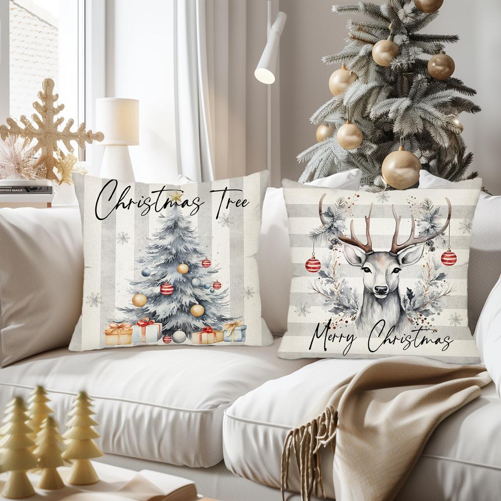 Festive Christmas Pillows: House, Tree, Deer, and Snowmen Designs Sofa Bed Cushion Cover, New Year Home Decoration