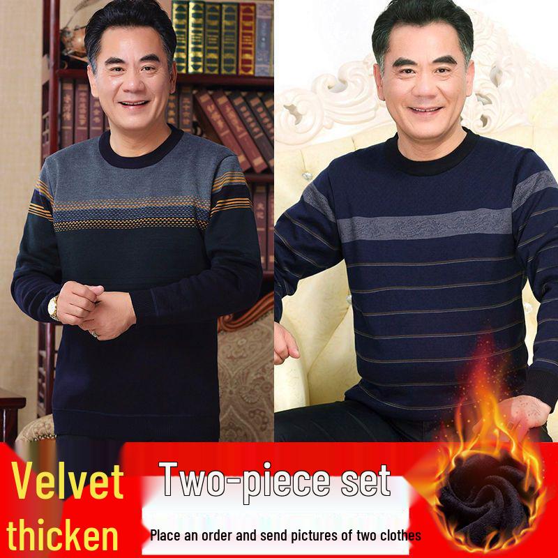 Men's Thick Fleece-Lined Sweater - Grandpa Style, Round Neck, Perfect for Winter Warmth