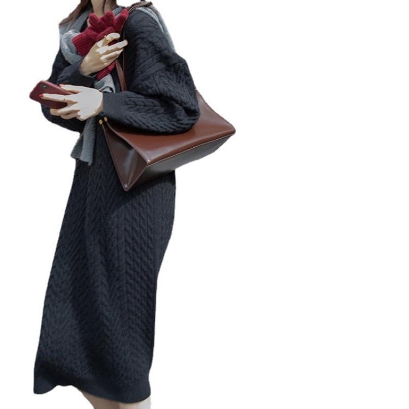 Autumn Lazy V-neck Twist Sweater Long Loose Over Knee Knitted Bottom Shirt Wear Dress