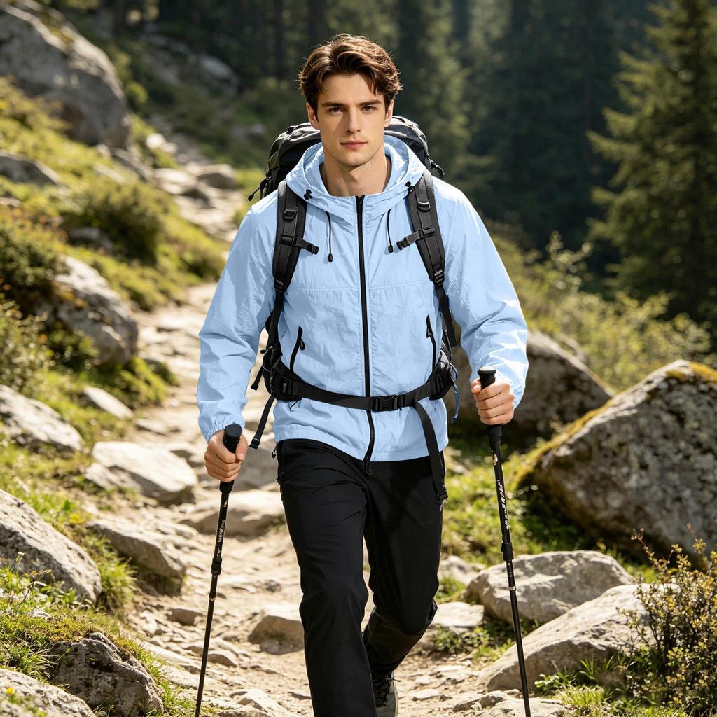 Men's Lightweight Hooded Sun Protection Jacket UV Resistant Outdoor Windbreaker with Zipper Pockets and Adjustable Drawstrings for Travel