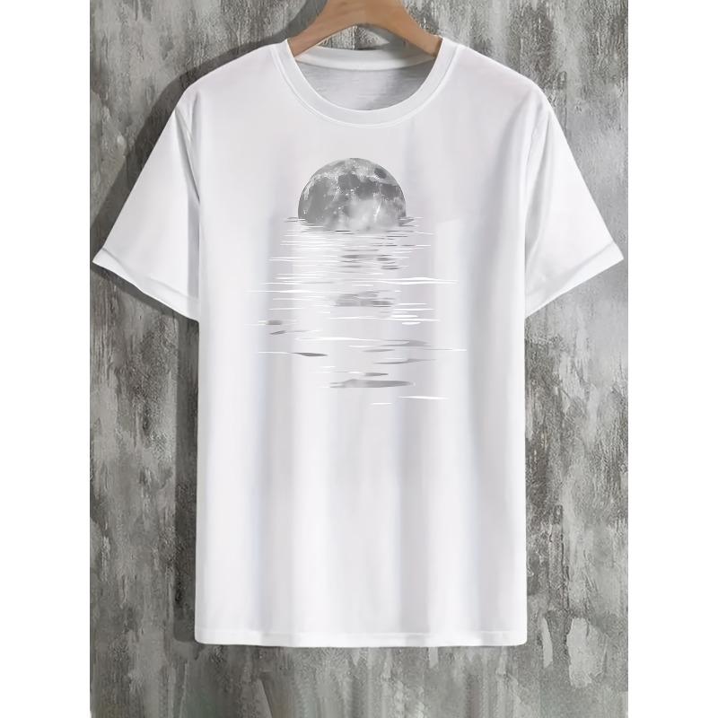 European Sizes Men's Stylish Moon Creative Print T-Shirt, Crew Neck Short Sleeve,Versatile Top For Spring And Summer, Trendy Streetwear Fashion